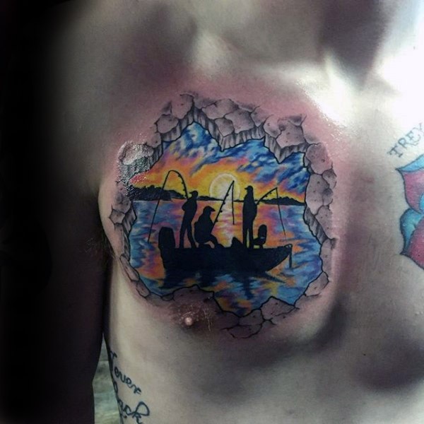 胸部令人惊叹的五彩渔船风景纹身图案
