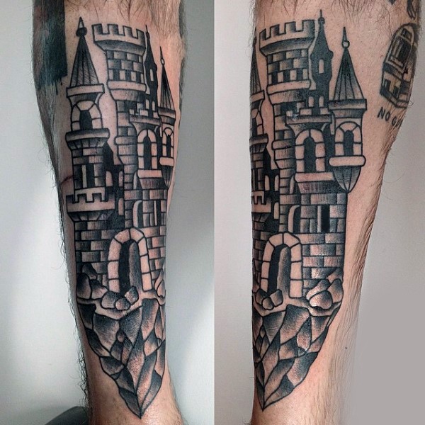 小腿简单的黑色卡通城堡纹身图案