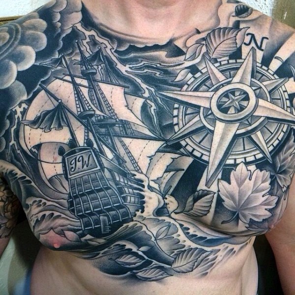 胸部大规模黑灰航海主题纹身图案