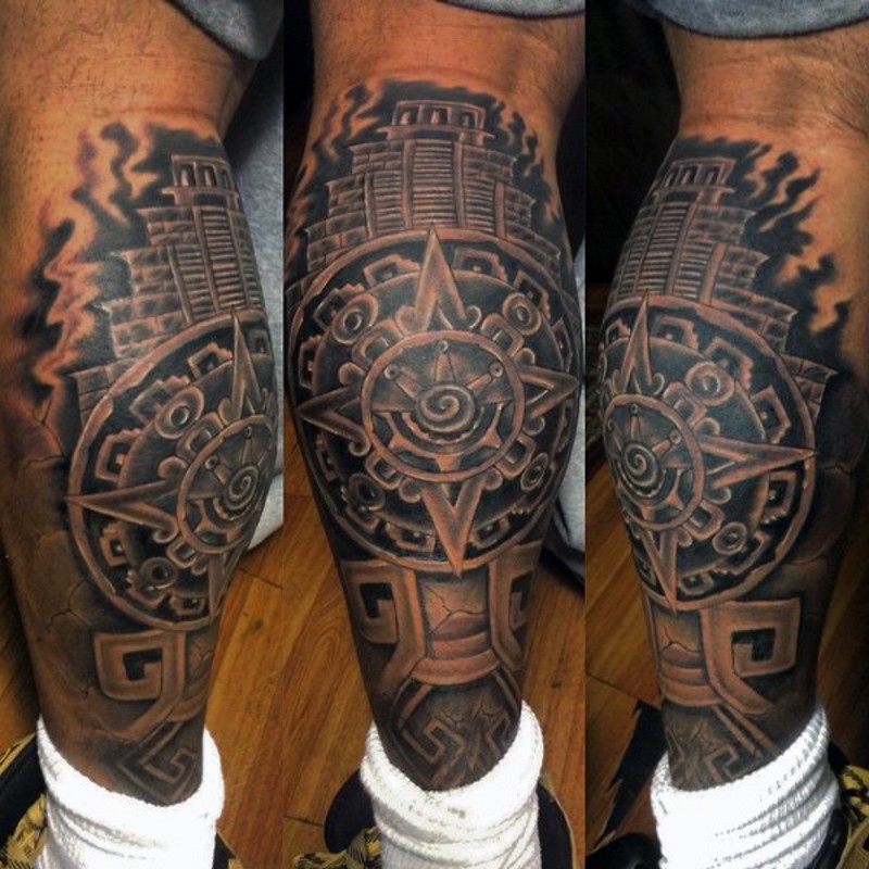 小腿黑色部落符号与星型片结合纹身图案