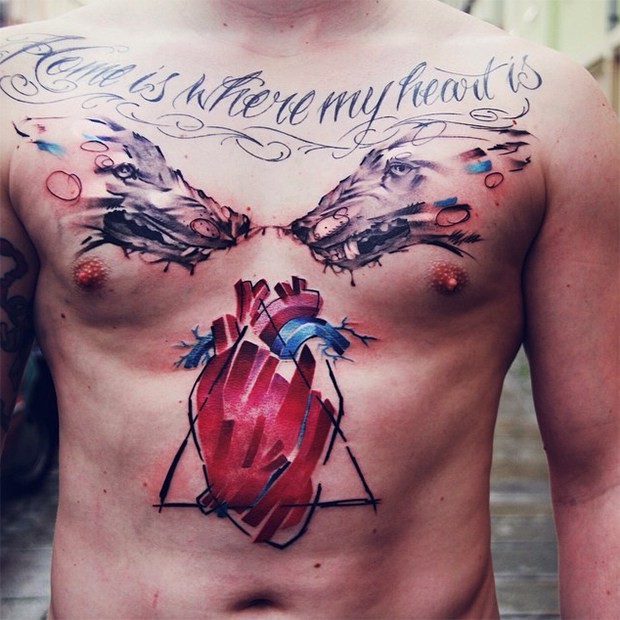 胸部和腹部水彩画风格恶狼与心脏字母纹身图案