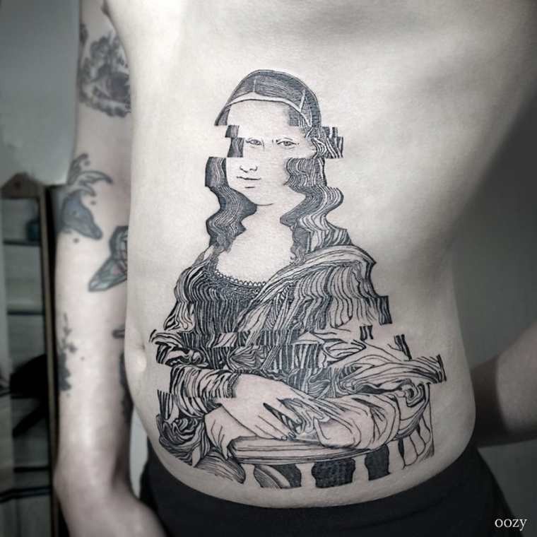 腹部超现实主义风格黑色蒙娜丽莎肖像纹身图案