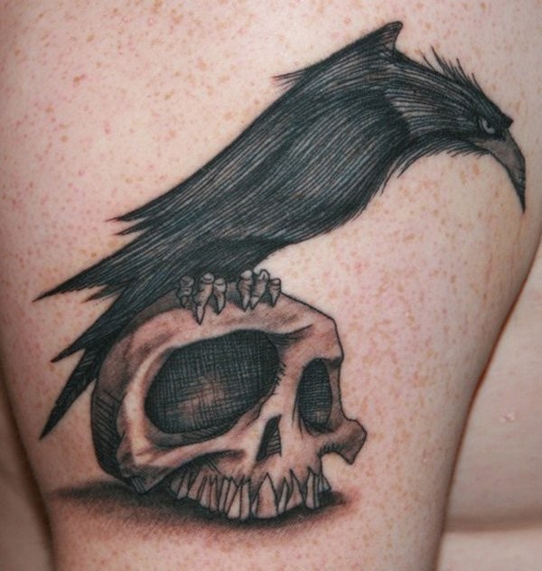 个性的黑灰乌鸦与骷髅纹身图案