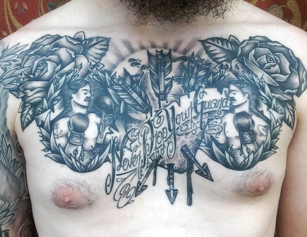 胸部old school黑色拳击手与花朵字母箭纹身图案