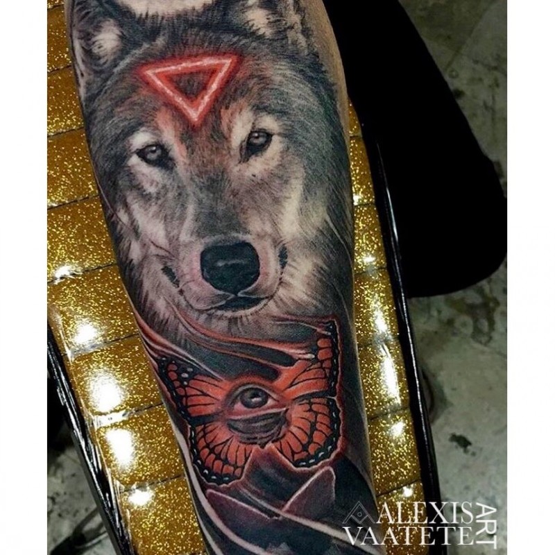 小臂彩色神秘狼与红三角和蝴蝶眼睛纹身图案