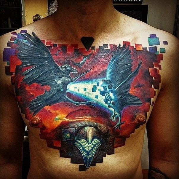 胸部彩色战斗幻想鸟与蛇卡通纹身图案