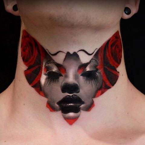 颈部令人印象深刻的蝴蝶与女性肖像纹身图案