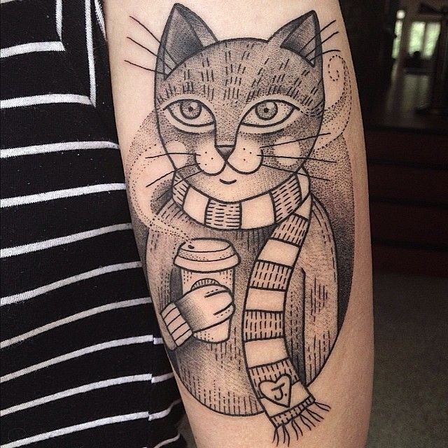 old school猫与咖啡杯纹身图案