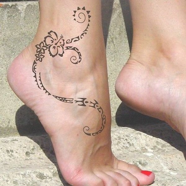 脚背部落藤蔓花朵纹身图案