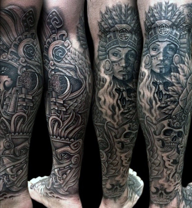 小腿黑白难以置信的玛雅部落妇女和雕塑纹身图案