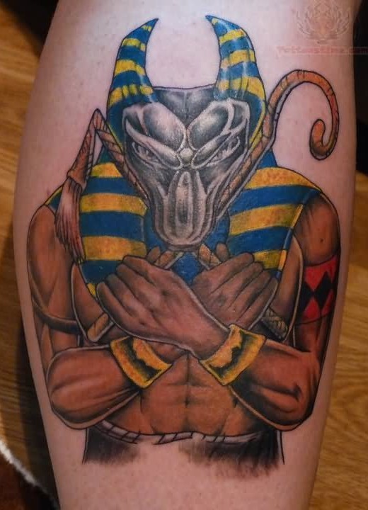 小腿彩绘埃及风格狼人纹身图案