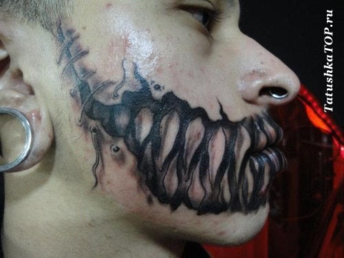 脸部恐怖电影风格黑色怪物牙齿纹身图案