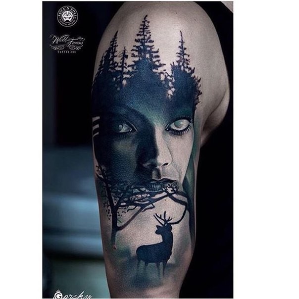 大臂彩色神秘女人与黑暗森林纹身图案