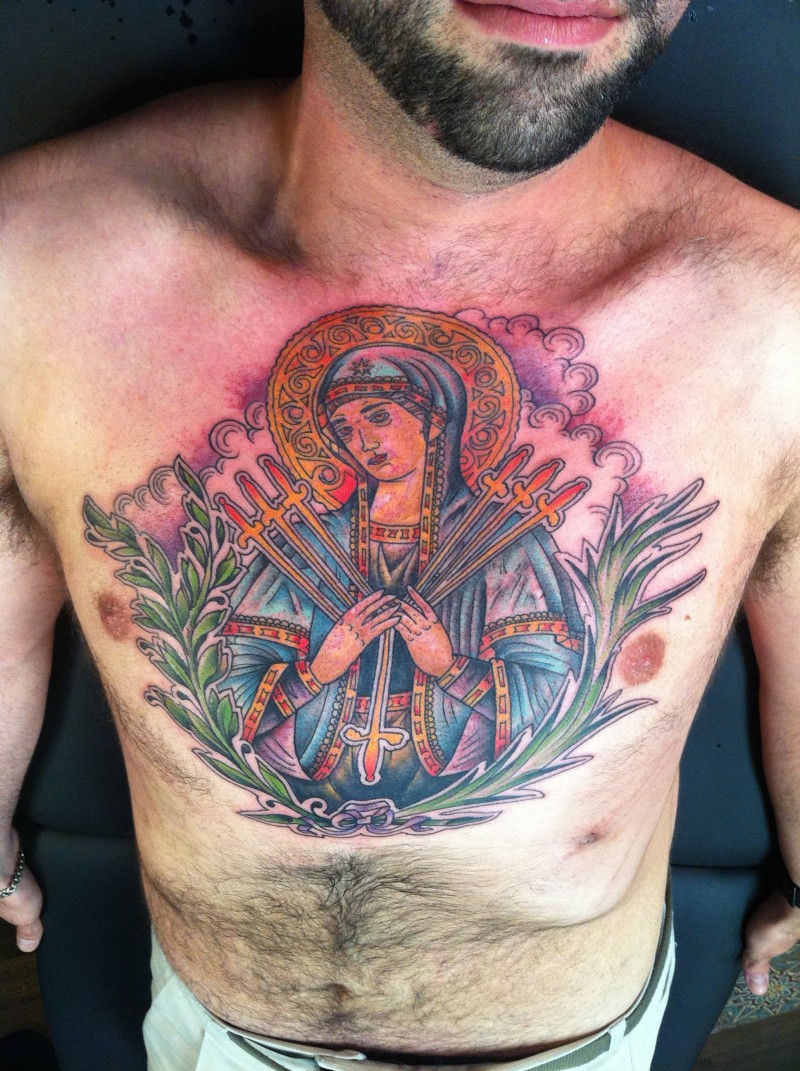 胸部宗教主题的彩色女性与叶子纹身图案