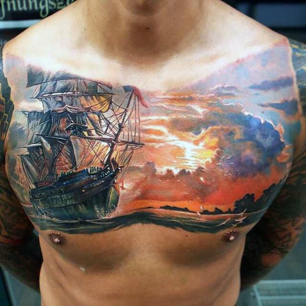 胸部非常逼真的彩色海面帆船纹身图案