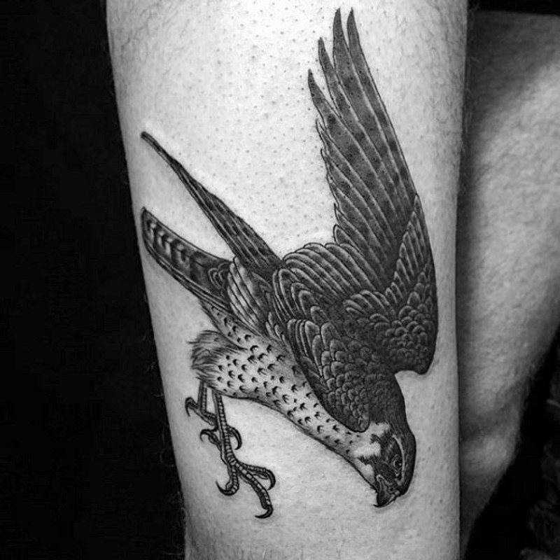 印度传统风格黑色飞鹰大腿纹身图案