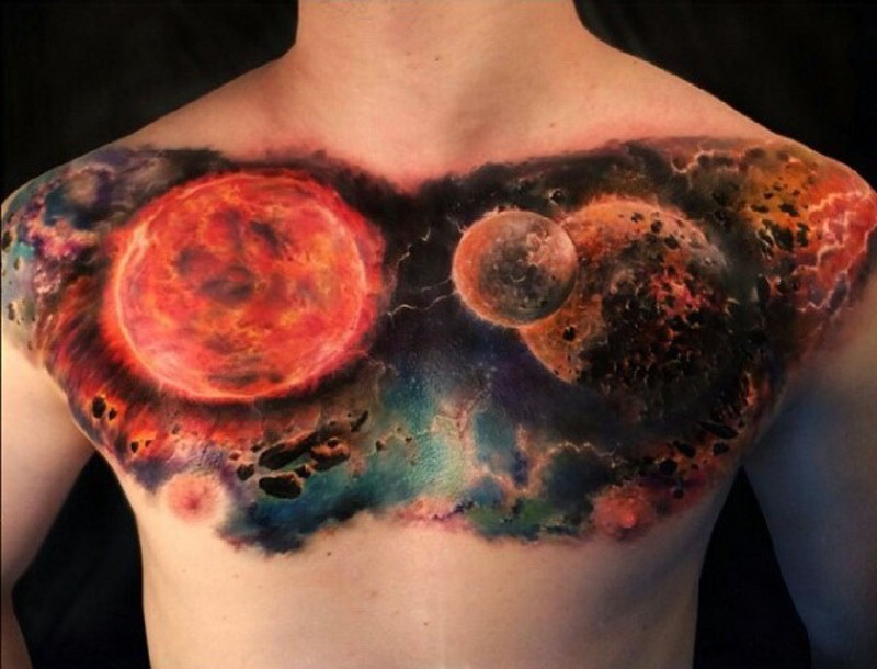 胸部好看神秘的彩色深空星球纹身图案