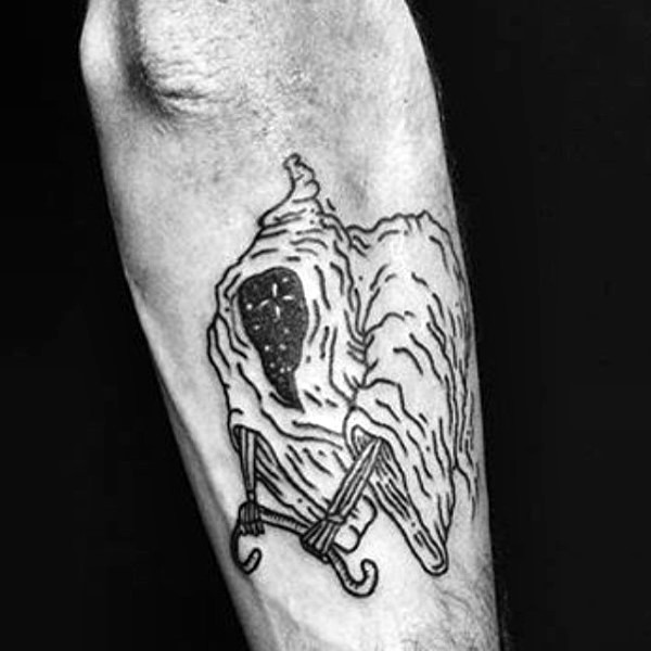 有趣的死神黑色线条小臂纹身图案