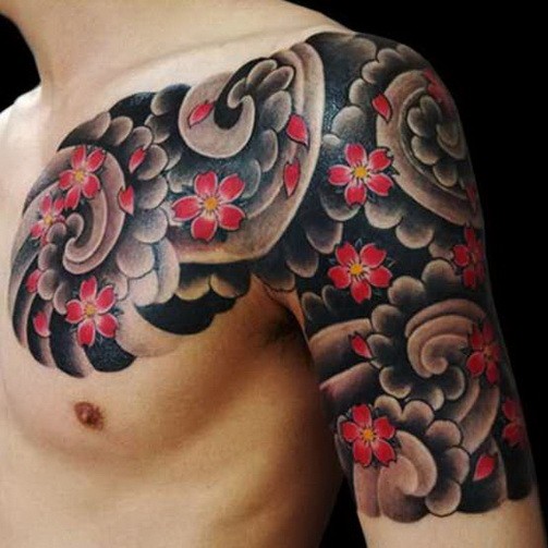 半甲好看的日本花卉纹身图案