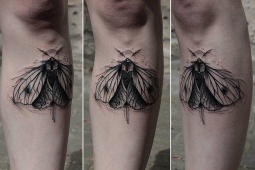 小腿素描风格黑色线条蝴蝶纹身图案