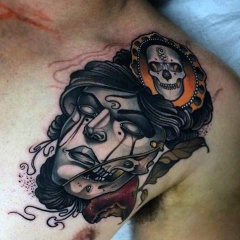 胸部school彩绘有趣的恶魔女人肖像与骷髅纹身图案