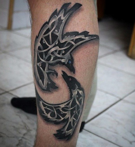 小腿神秘的黑灰战斗部落乌鸦纹身图案