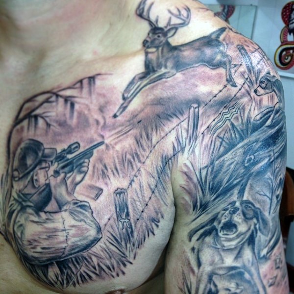 半甲狩猎主题黑灰猎人与动物纹身图案