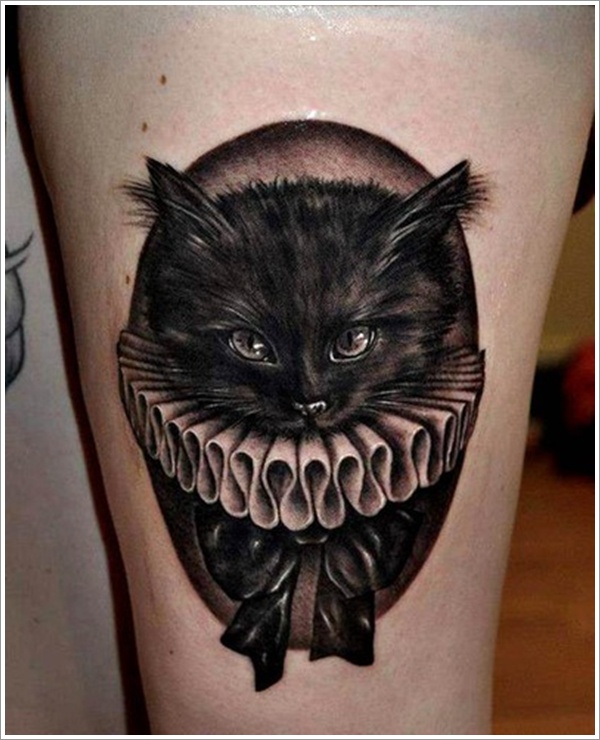 黑色猫和蝴蝶结写实纹身图案