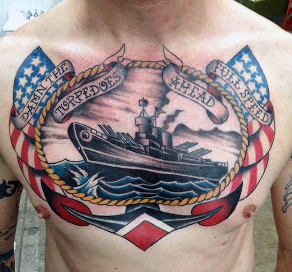 胸部航海主题的彩色船舶国旗纹身图案