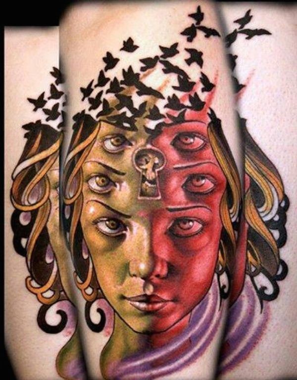 不寻常的设计彩色神秘女子结合黑鸟纹身图案