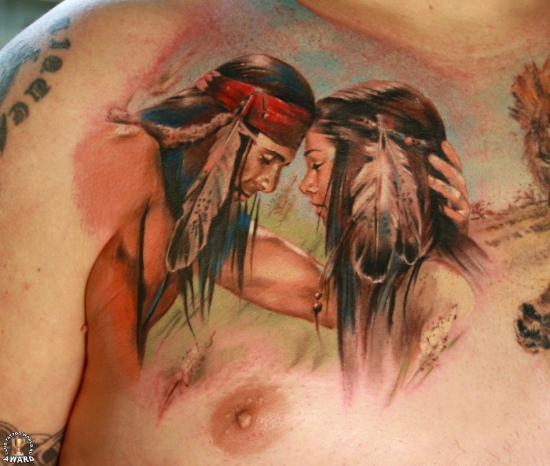 胸部写实风格浪漫的印度夫妇肖像纹身图案