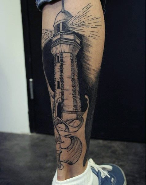 小腿雕刻风格黑色灯塔和浪花纹身图案