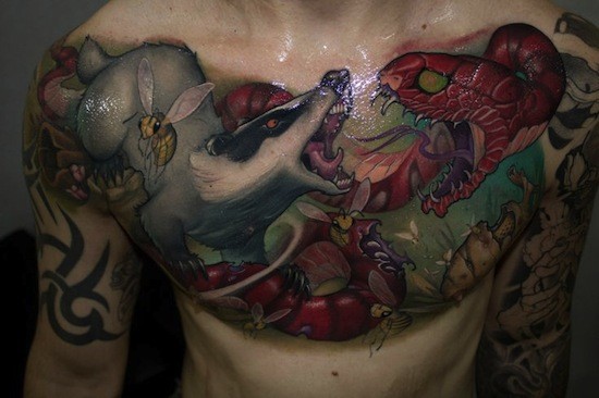胸部插画风格彩色蛇和猫鼬纹身图案