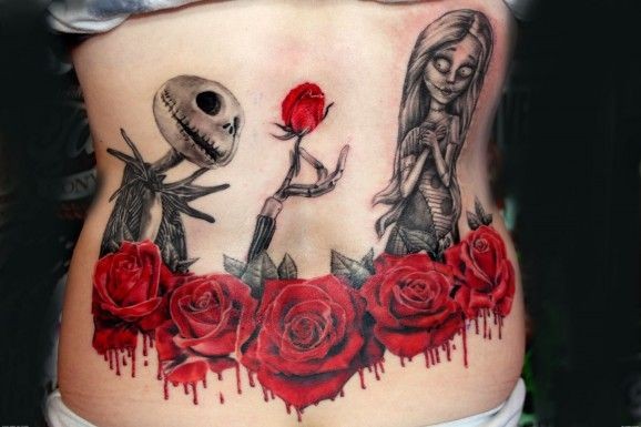 腰部好看的卡通僵尸与血腥玫瑰纹身图案