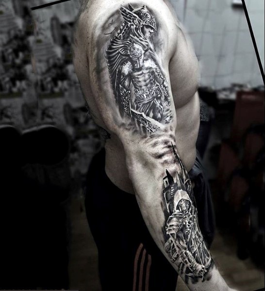 手臂印象深刻的黑白各种幻想战士纹身图案