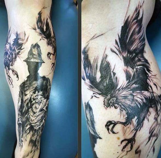 小腿神秘的黑色公鸡与人像纹身图案