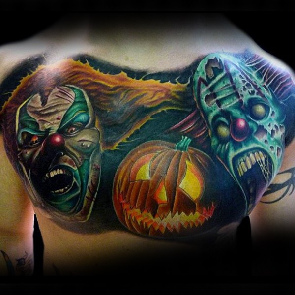胸部插画风格彩色小丑怪物和南瓜纹身图案