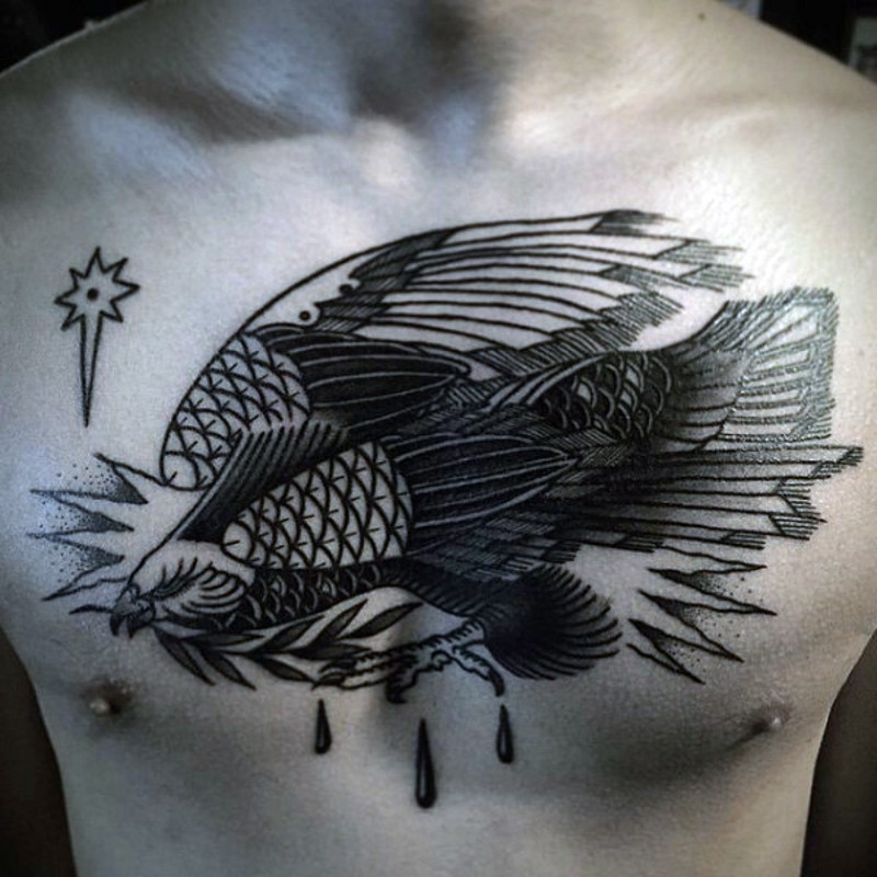 胸部黑色old school鹰与树叶纹身图案