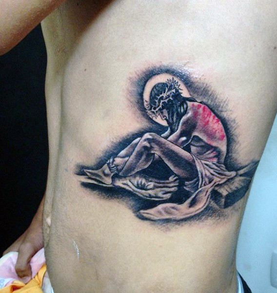 侧肋戏剧性的黑白悲伤耶稣纹身图案