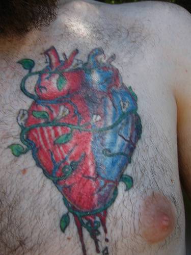 胸部常春藤与蓝色和红色的心脏纹身图案