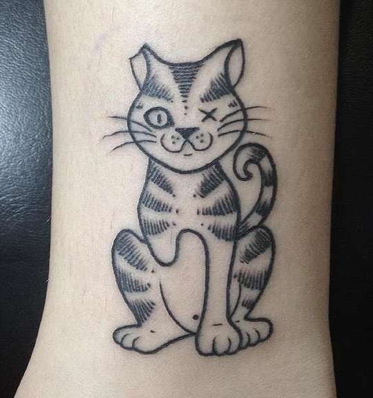 简单的黑色线条受伤的猫纹身图案