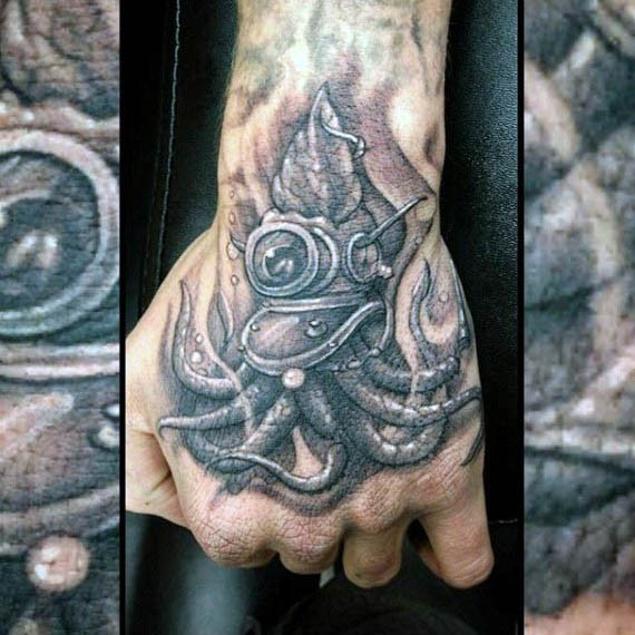 手背有趣的手绘黑灰鱿鱼潜水员纹身图案