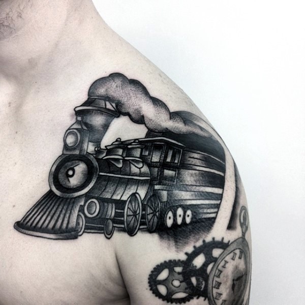 肩部卡通黑色旧火车纹身图案