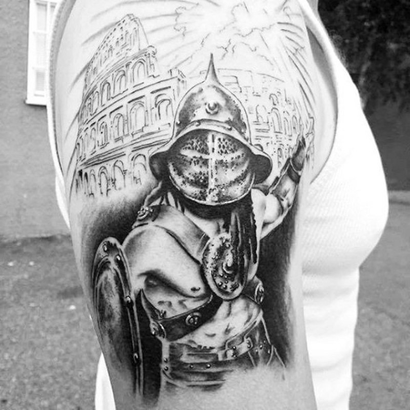 大臂时尚好看的黑白角斗士和竞技场纹身图案