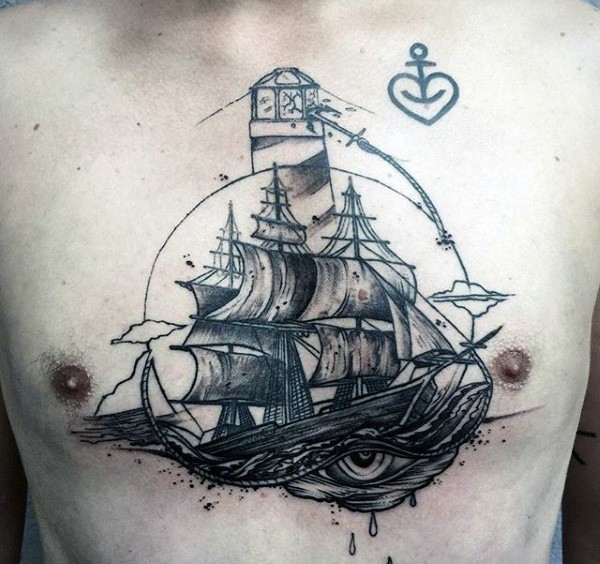 胸部个性帆船与灯塔心形船锚纹身图案