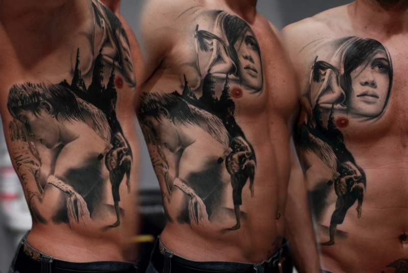 侧肋和胸部灰色女人脸与祈祷男子纹身图案