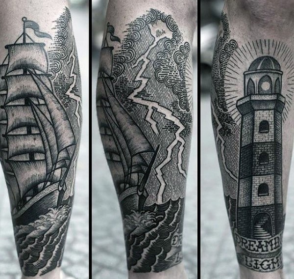 小腿old school黑色线条帆船和灯塔纹身图案