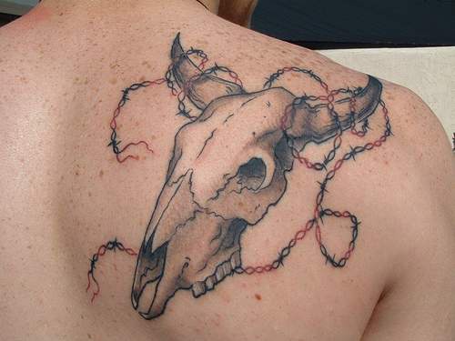 背部钢丝绳和公牛颅骨纹身图案