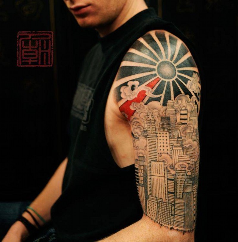 大臂黑色华丽的太阳结合线条城市纹身图案