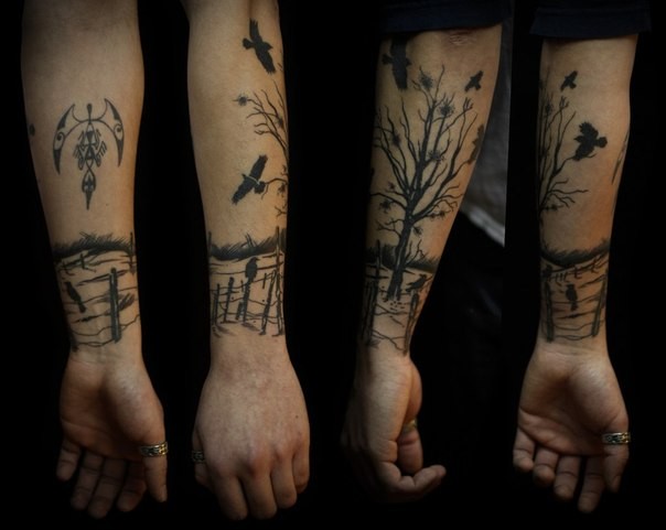 小臂黑色风景树和鸟纹身图案